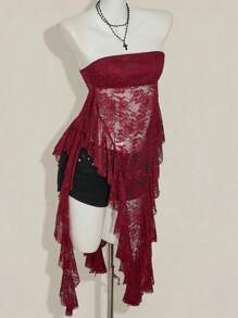 SHEIN ICON Parte superior de tirantes con volantes y encaje de bajo asimétrico para mujer