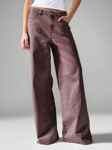 MISSGUIDED High Waisted Wide Leg Denim Jeans Retro Style Autumn Winter Fashion Palazzo Pants Classic Casual Wear Washable Full Length Bottoms - Burgundy - View 6