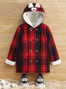 SHEIN 男小童格紋印花雙排釦毛絨襯裡連帽花呢外套