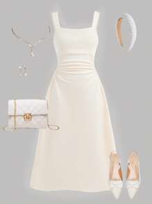 SHEIN Tween Girls Solid Color Square Neck Ruched Casual & Elegant Wide Strap Mid-Length Knit Dress, Suitable For Party, Gathering, Wedding - Apricot - View 1