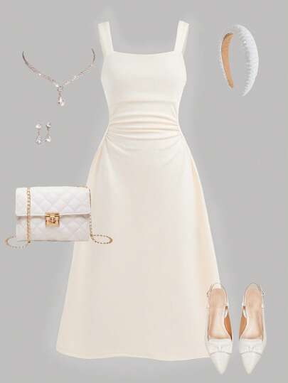 SHEIN Tween Girls Enfärgad Fyrkantig Halsringning Rynkad Avslappnad & Elegant Bred Band Medellång Stickad Klänning, Lämplig För Fest, Samlingar, Bröllop