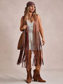 Freevana Autumn/Winter Brown Tassel Bohemian Style Country Music Festival Long Sleeveless Women Casual Coat Vacation Outfits Woman Vacation Outfits Woman