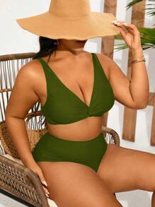 Swim Lushoire Plus Size Women Plain Color Twist Knot Sexy Bikini Swimsuit Set, Summer Beach