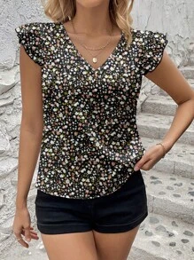 SHEIN Clasi 大码V领荷叶边袖碎花度假衬衫，夏季女款 - 黑與白 - 查看 4