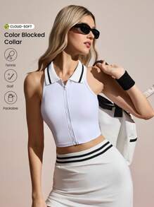 CourtClass Camisa polo con cuello de canalé, bloqueo de color y cremallera frontal, para primavera y verano