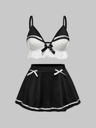 Goth 3 pièces Ensemble de lingerie style gothique sombre de l'académie : Soutien-gorge triangle avec nœud, mini-jupe et string