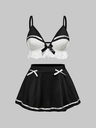 3pcs Dark Gothic Academy Style: Bow Trim Triangle Bralette, Miniskirt, And Thong Lingerie Set