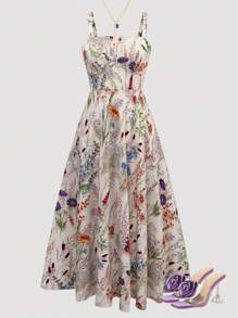 Franclia Plus Size Women's Wide Shoulder Sleeveless Waist Cinched Flared A-Line Floral Vacation Casual Dress