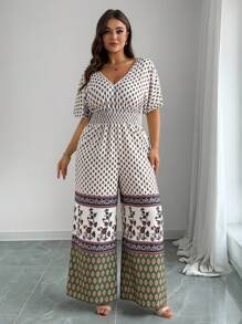 SHEIN Clasi Plus Size Women's Vacation Printed Patchwork Jumpsuit - Multicolor - View 5