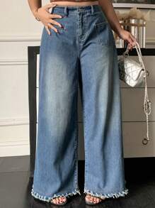 Dazy Plus 深色洗水做旧阔腿长牛仔裤，宽松版型，四季皆宜 - 深色水洗藍 - 查看 7