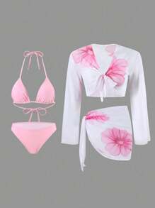 Swim Oasis 4 件套女士花卉印花泳装和沙滩装，夏季 - 粉色 - 查看 1