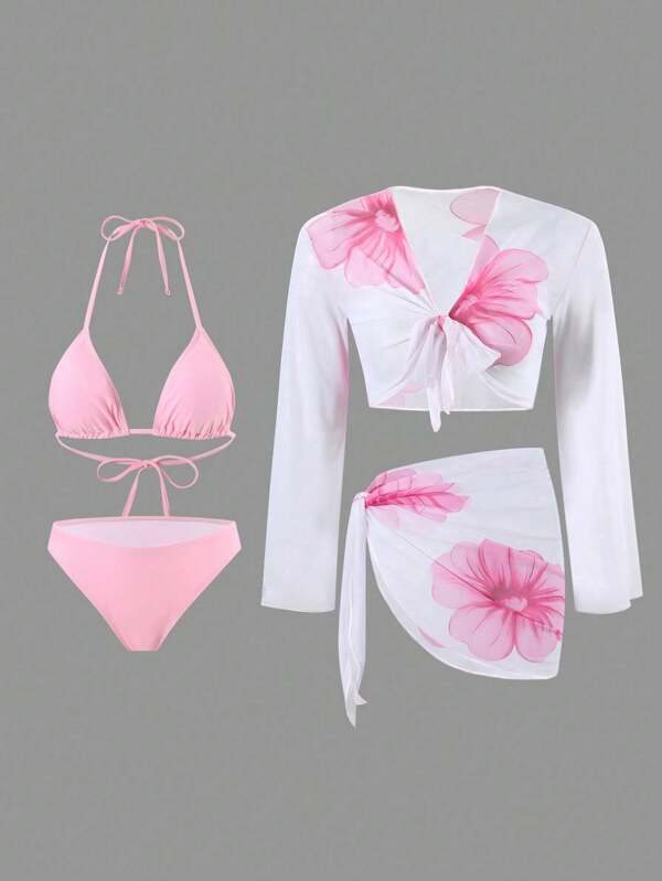 Swim Oasis 4 buc/Set Costume de baie și ținută de plajă pentru femei cu imprimeu floral, vară