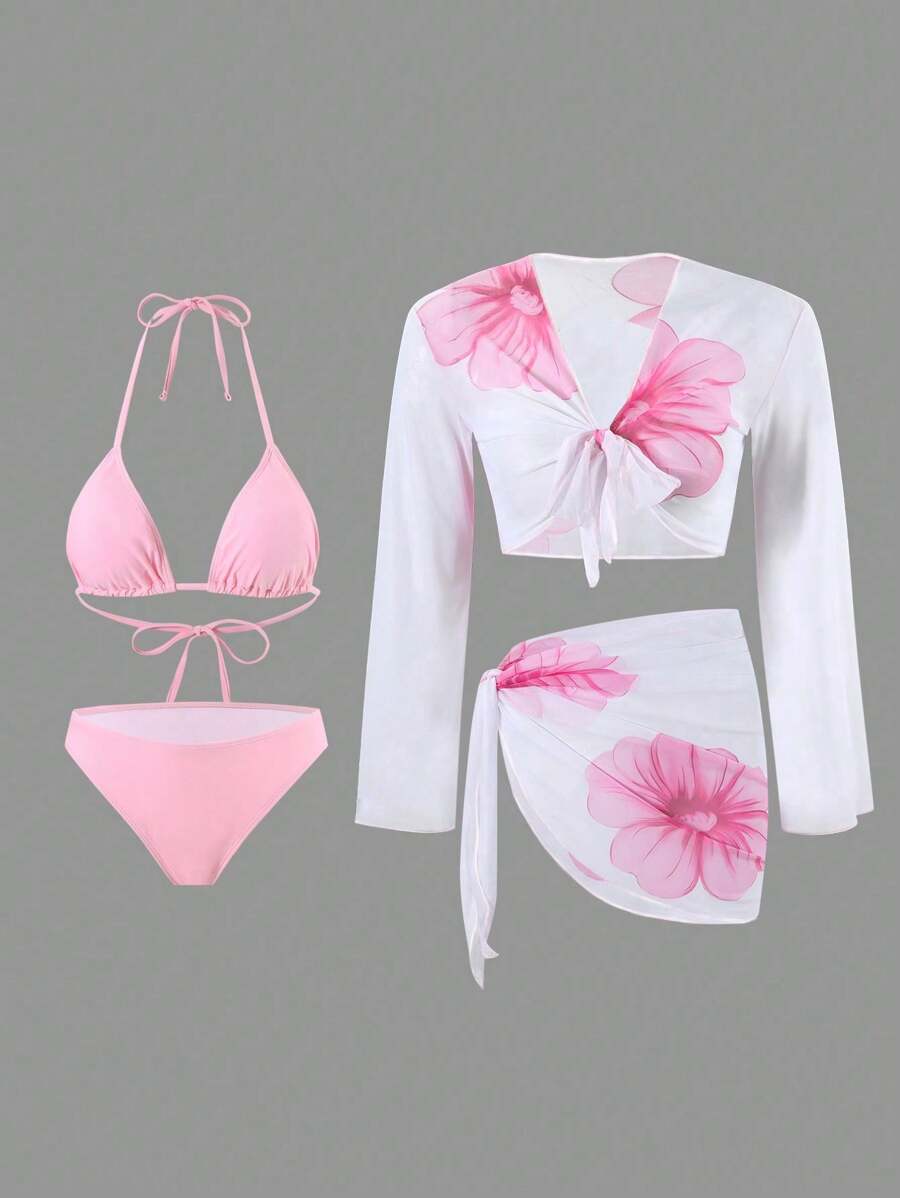 Swim Oasis 4 件套女士花卉印花泳装和沙滩装，夏季 - 粉色 - 查看 1