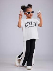 SHEIN Young Girl Knitted Solid Color Loose Letter Print Round Neck Casual T-Shirt And Knitted Color-Block Casual Loose Pants Two-Piece Set Kpop Outfit For Kidstrendy Outfit For Kidstrending Outfit For Young Girl