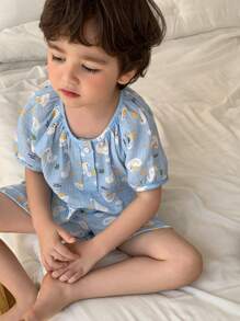 Hapijoa 2pcs/Set Kids Boys Casual Round Neck Short Sleeve Top And Shorts Home Wear Set, Summer - Baby Blue - View 5