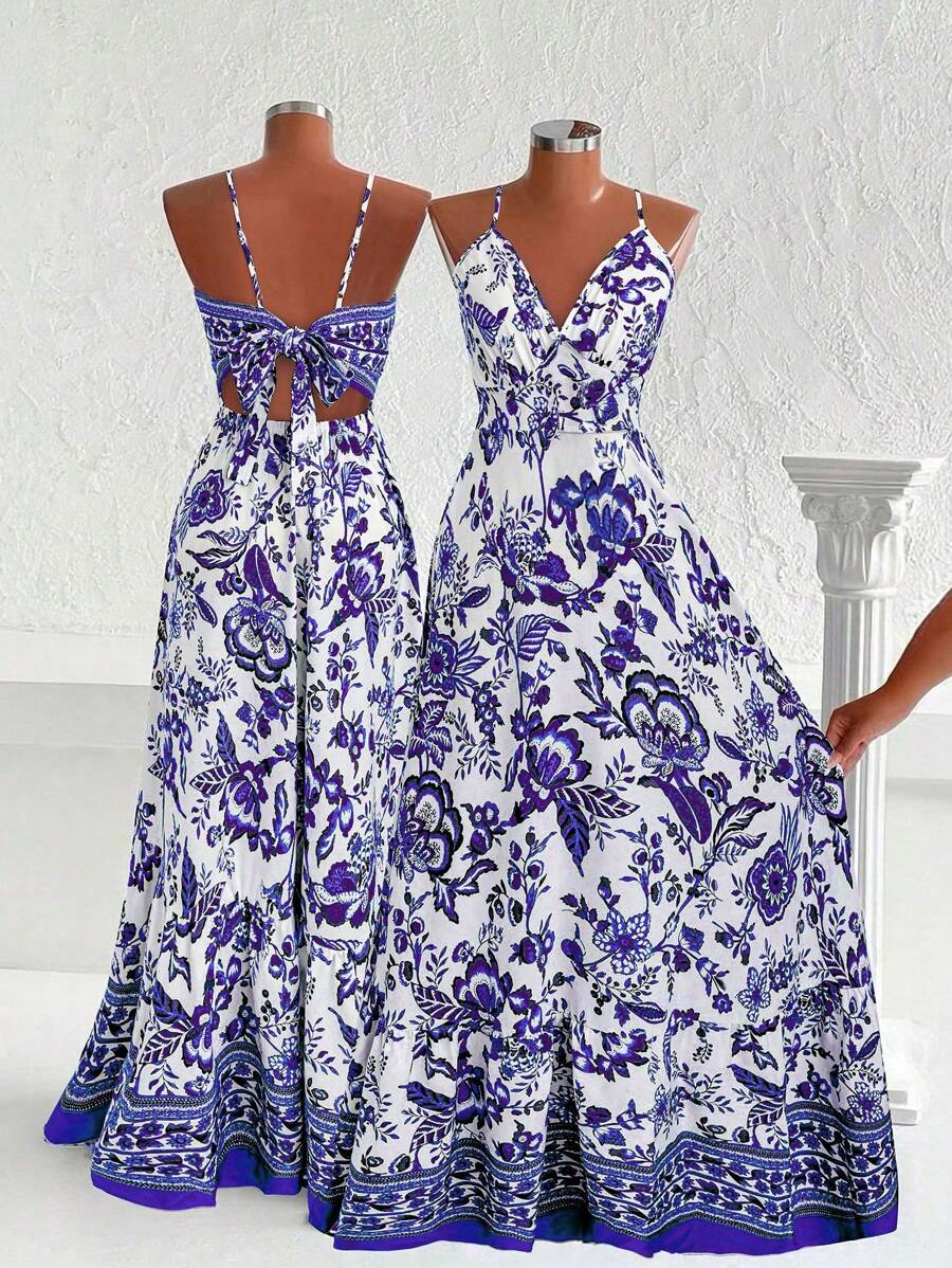 Sweetra Váy hai dây nhún bèo họa tiết hoa nhiệt đới thường ngày cho kỳ nghỉ, phù hợp đi biển, trang phục mùa hè cho phụ nữ - Nhiều màu - Xem 1