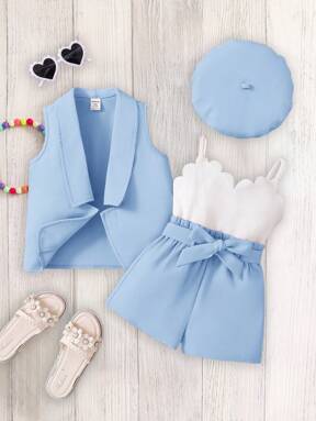 SHEIN 2pcs Baby Girl Knitted Solid Cardigan & Knitted Bib Pants Set With Bonnet