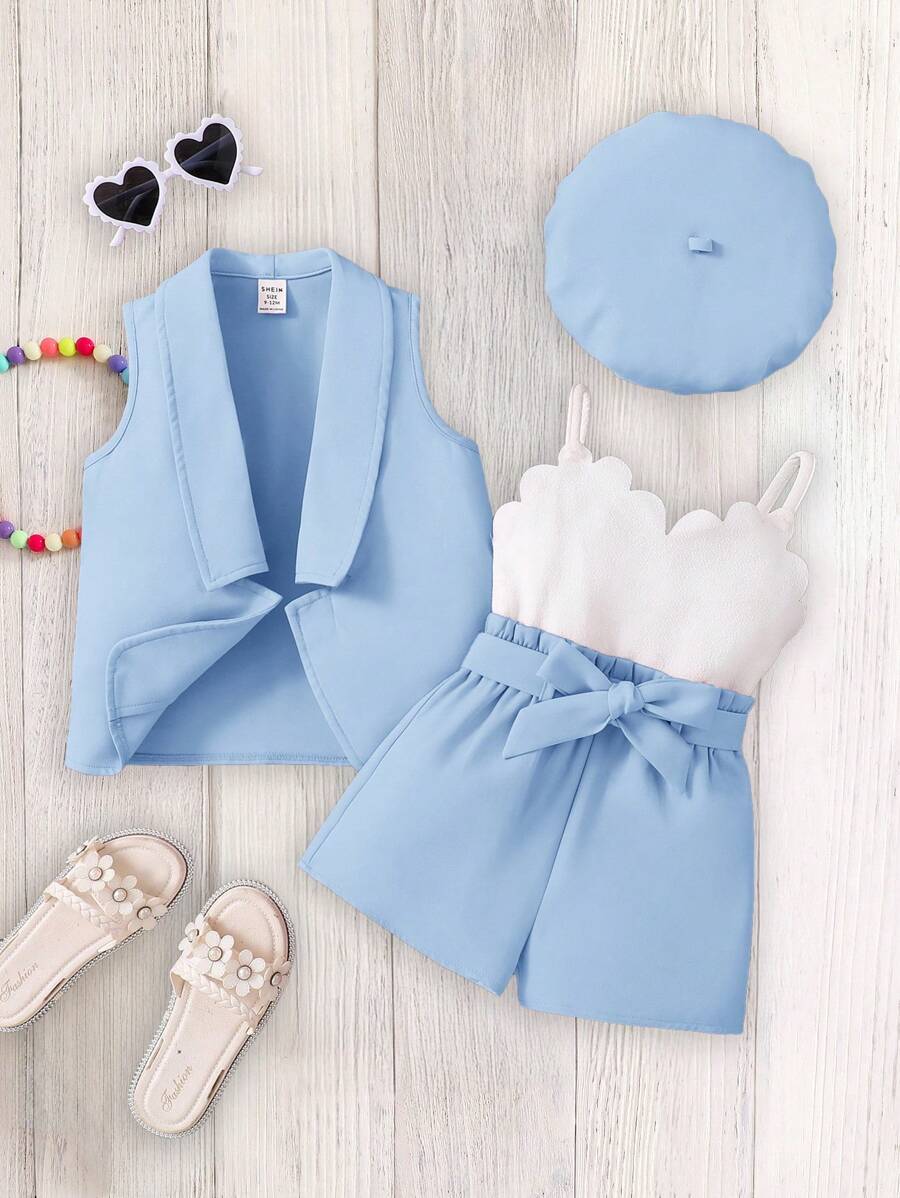SHEIN 2pcs Baby Girl Knitted Solid Cardigan & Knitted Bib Pants Set With Bonnet - Blue and White - View 1