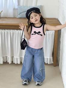 SHEIN 女童Y2K蝴蝶结贴片宽松蓝色牛仔长裤，舒适、可爱、休闲时尚，适合度假和返校穿着。 - 淺色水洗藍 - 查看 5