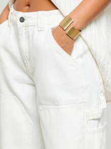 AiiRZ 宽松实用工装牛仔阔腿牛仔裤，带贴袋，撞色标签细节，休闲秋冬风格 - 白色 - 查看 5