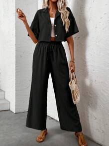 SHEIN PETITE 2pcs Women Vacation Casual Shirt & Pants Set - Black - View 3