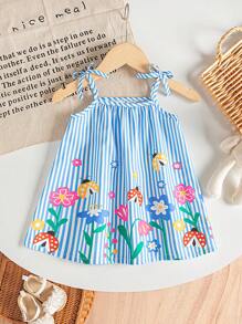 SHEIN Playful Pals 女宝宝连衣裙全碎花吊带蝴蝶结夏季优雅清新连衣裙蓝条纹幼儿连衣裙碎花幼儿连衣裙幼儿女童度假连衣裙 - 彩色 - 查看 4