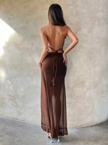 Aloruh Robe en maille tricotée marron asymétrique style boho chic avec perles, robe moulante chocolat minimaliste de couleur unie pour une utilisation quotidienne, robe sexy froncée pour une soirée - Café - Voir 2