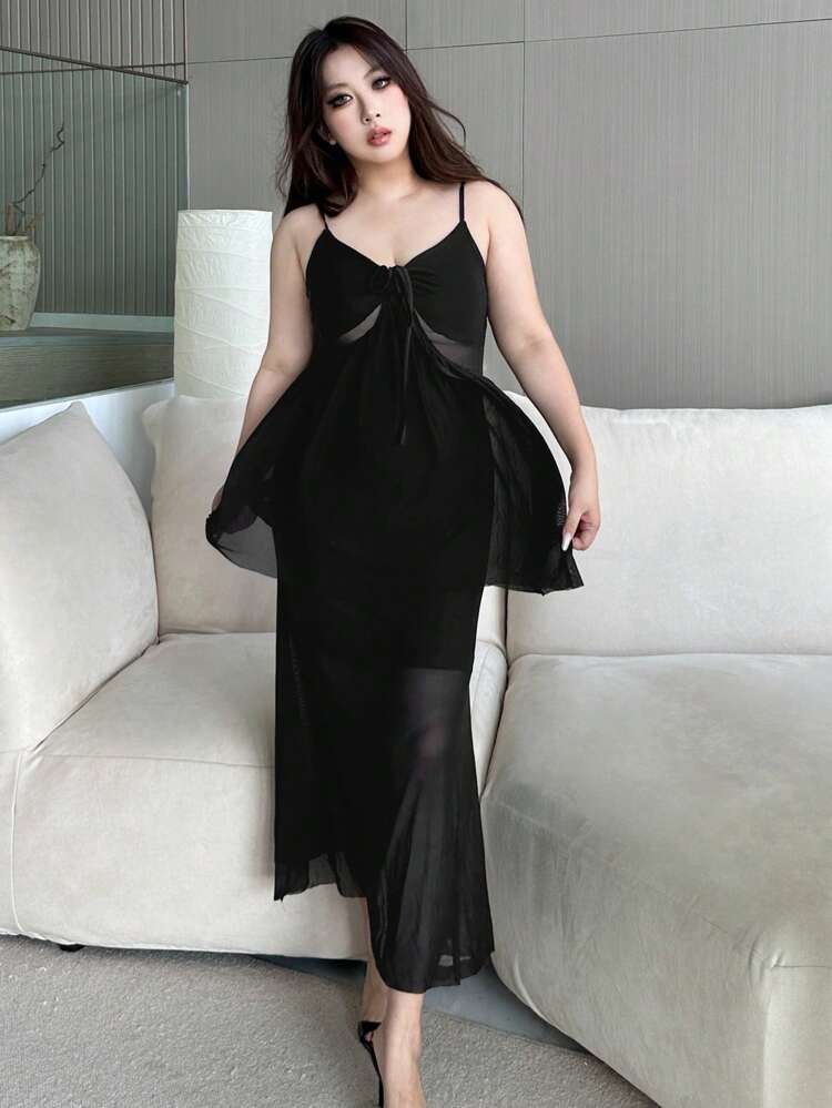 Dazy Plus Plus Size Mesh Patchwork Long Black Summer Formal Dress, Minimalist & Alluring Maxi Dress