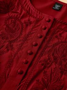 Plus Size Women 3/4 Sleeve V-Neck Half Front Button Down Embroidery Collar Woven Shirt - Red - View 5