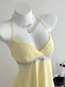 SHEIN Unity Spring & Summer Casual Vacation Beaded Decor Halter Top - Cream - View 1