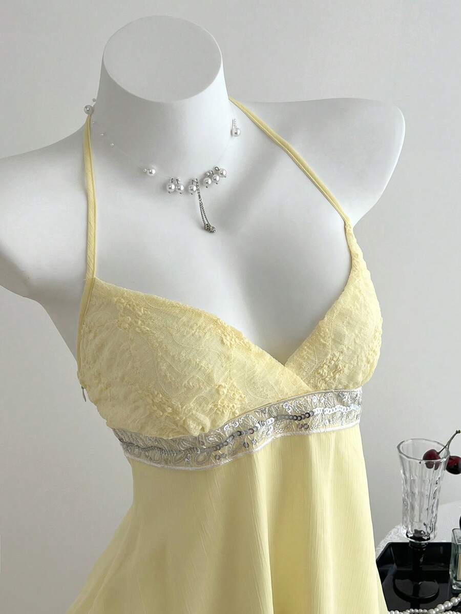 SHEIN Unity Spring & Summer Casual Vacation Beaded Decor Halter Top - Cream - View 1