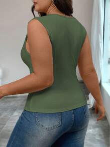 Elenzga Top de punto sin mangas de cuello cuadrado de talla grande, top corto estilizador de verano con abertura
