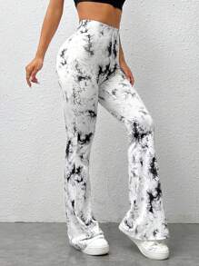 SHEIN EZwear Lässige Schlaghose Für Damen Große Größen Mit Batikmuster Und Tintenspritzer-muster In Schwarz Und Weiß, Geeignet Für Den Sommer