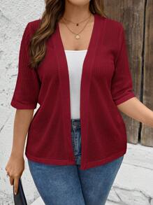 Chaqueta de talla grande para mujer de manga 3/4, de tela texturizada y de unicolor con abertura frontal - Burdeos - Ver 4