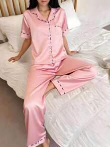 New Style Simple Solid Color Turndown Collar Short Sleeve Cardigan And Pants 2pcs Home Outfit For Tween Girl - Watermelon Pink - View 3