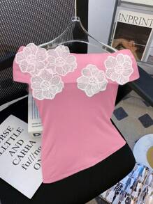 SHEIN LUNE 女士优雅露肩花卉修身T恤 - 粉色 - 查看 3