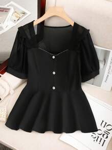 SHEIN Clasi Lace Patchwork Chiffon Front Button Women Blouse - Black - View 1