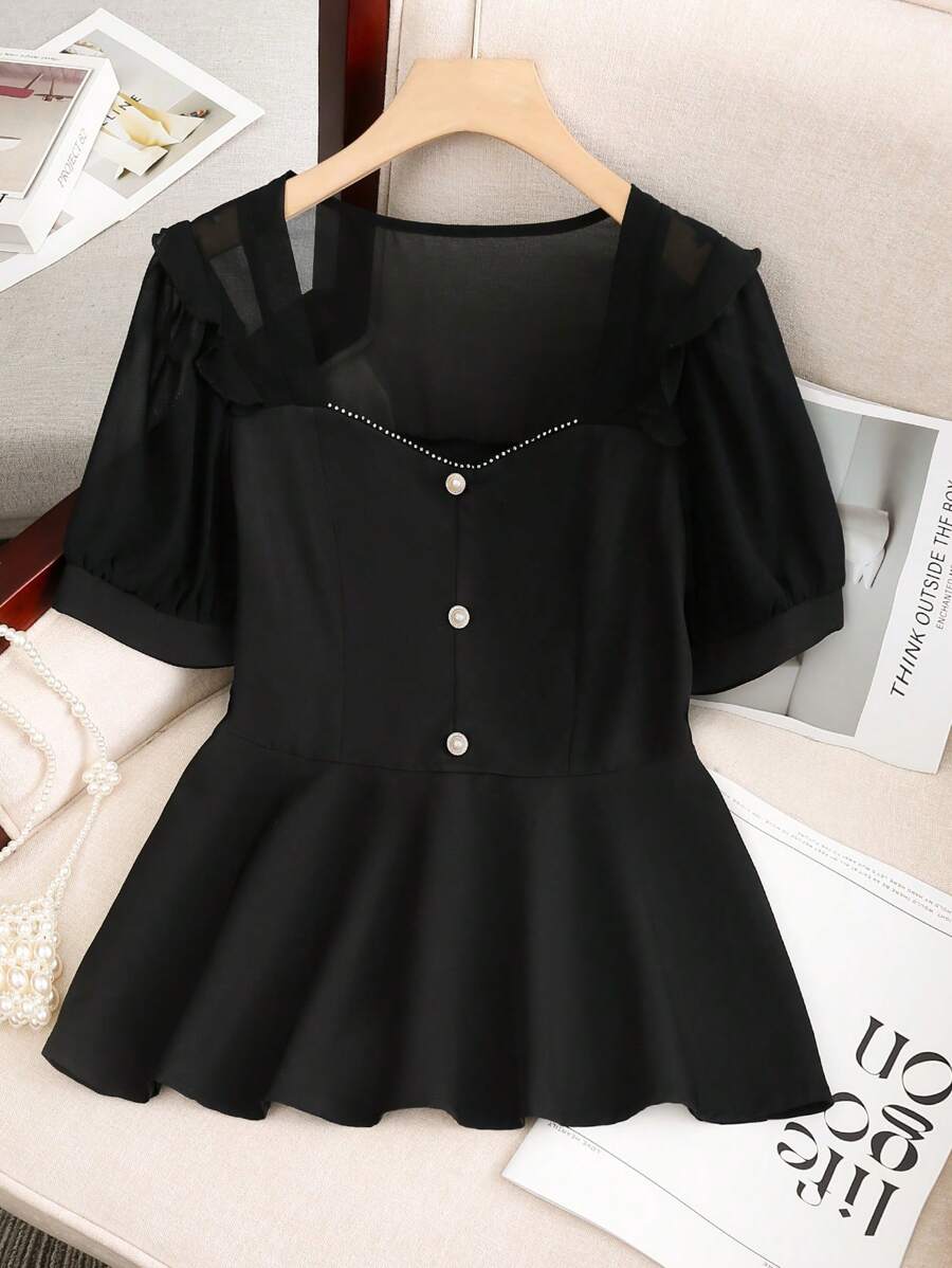 SHEIN Clasi Lace Patchwork Chiffon Front Button Women Blouse - Black - View 1