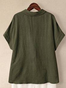 Linhara Plus Size Women's Solid Color Full Button Down Collar Short Sleeve Double Pocket Casual Comfortable Fashion Shirt