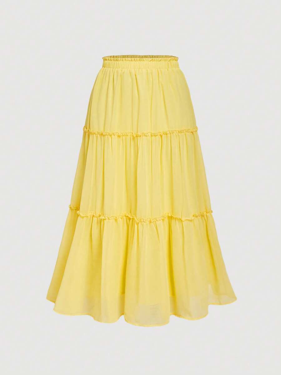 SHEIN MOD Ruffle Skirt Boho Long Skirt Break Paperbag Waist Frill Trim Ruffle Hem Skirt - Yellow - View 1