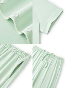 LUVLETTE Bộ đồ ngủ mùa hè dành cho nữ cỡ lớn, thoáng khí, 100% cotton nguyên chất, màu xanh lá cây, gồm áo ngắn tay cài cúc và quần dài, có túi. - màu xanh lá - Xem 3