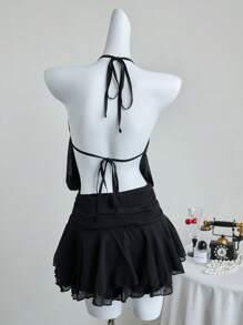SHEIN Unity Black Summer European & American Vintage Halter Neck Ruched V-Neck Backless Waist Pleated Ruffle Hem Dress - Black - View 2