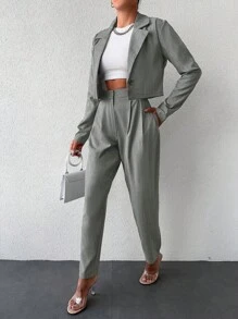 Blazer crop de cuello con solapa & Pantalones con fruncido - Gris - Ver 5