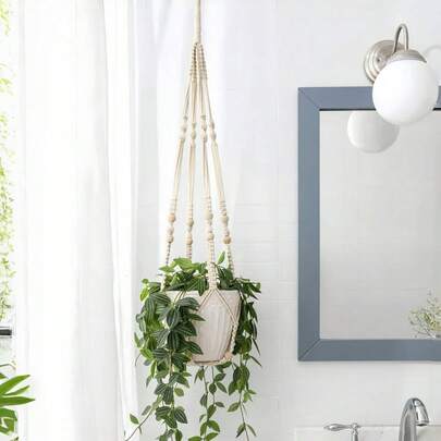 1 giỏ treo trang trí bằng hạt cườm - Móc treo cây Macrame Boho, giỏ treo tường bằng hạt cườm thủ công, đồ lưu trữ trang trí cho gia đình, nhà bếp, phòng tắm, văn phòng, ven biển, đồ trang trí treo tối giản, sân vườn, trang trí nhà cửa