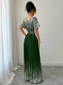 Rafferiza 女士时尚V领蝙蝠袖金色印花连体裤 - 綠色 - 查看 2