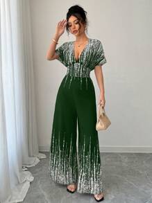 Rafferiza 女士时尚V领蝙蝠袖金色印花连体裤 - 綠色 - 查看 5