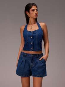 Avantive Nuevo conjunto de verano de dos piezas de minifalda y top sin mangas con cuello halter en estilo de jean, sexy estilo callejero - Azul lavado oscuro - Ver 4