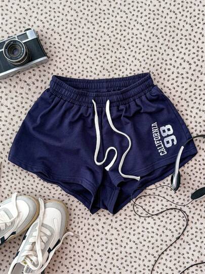 Teen Girls Navy Cropped Shorts With Colorblock And Embroidered Numeric Design, Suitable For All Season Wear, For Streetwear, Sports And Casual Teen Styles