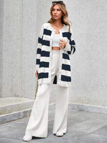 EURMUSE Women's Striped Button-down Cardigan And Solid Knit Wide-leg Pants Two-piece Set - Black and White - View 4