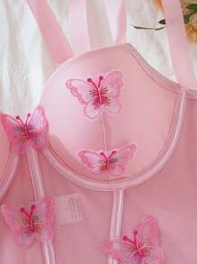 SHEIN 1 件女士不对称下摆蝴蝶贴花紧身性感文胸 - 粉色 - 查看 5